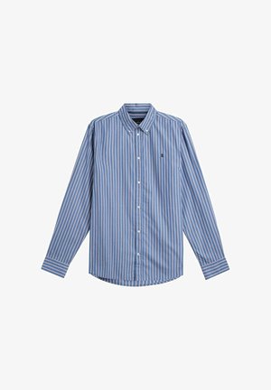 Blue and white striped long-sleeve shirt with a button-down collar, featuring a small logo on the chest and a curved hem at the bottom.