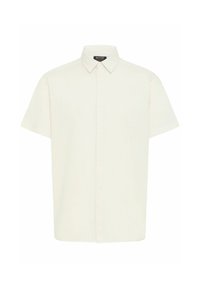 Camisa de manga corta abotonada en tejido beige claro con cuello, que presenta un corte recto y un diseño minimalista.