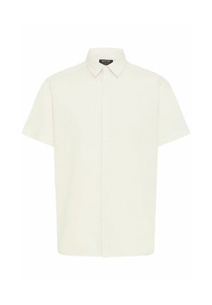 Camisa de manga corta abotonada en tejido beige claro con cuello, que presenta un corte recto y un diseño minimalista.