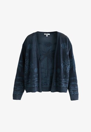 Marineblauwe open cardigan met textuurrijk patroon van palmbomen en zon, lange mouwen en geribbelde manchetten.
