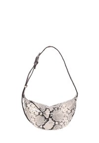 Hobo bag with a curved shape, made of faux snakeskin in shades of gray and white, featuring a thin shoulder strap and a zip closure.