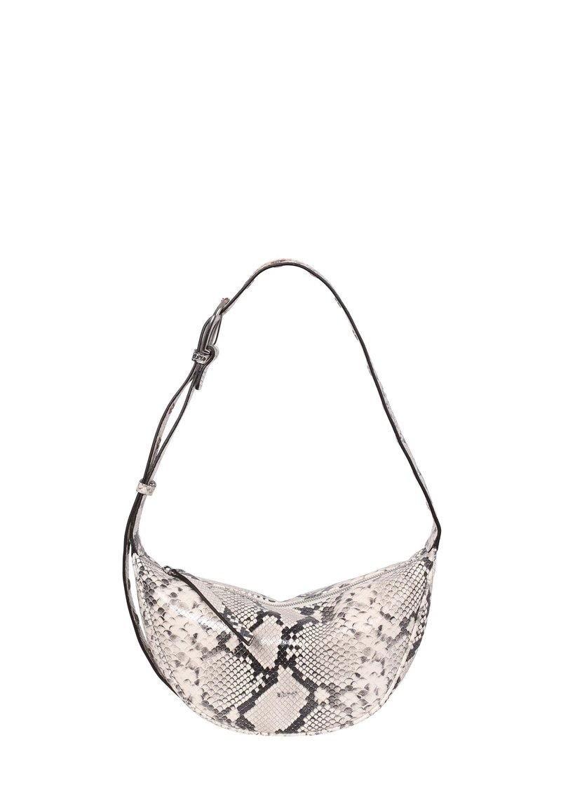Hobo bag with a curved shape, made of faux snakeskin in shades of gray and white, featuring a thin shoulder strap and a zip closure.