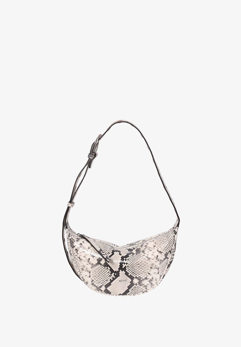 Hobo bag with a curved shape, made of faux snakeskin in shades of gray and white, featuring a thin shoulder strap and a zip closure.