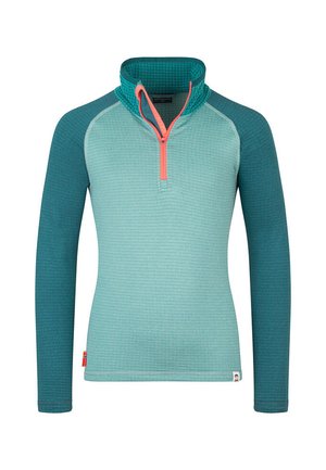 Long-sleeve, two-tone pullover in light teal and dark teal, featuring a half-zip collar with a bright coral zipper and textured fabric.
