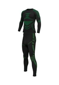 Compression athletic outfit featuring a long-sleeve top and leggings in black with green geometric patterns and textured accents.