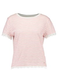 Korte mouwen roze en wit gestreept t-shirt met een ronde halslijn en kantafwerking langs de mouwen en de onderrand. Zacht katoenmateriaal.