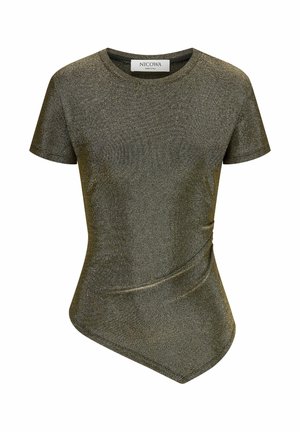 Metallisch olijfgroen T-shirt met korte mouwen, ronde hals, asymmetrische zoom, gestructureerde stof en subtiele glansaccenten.
