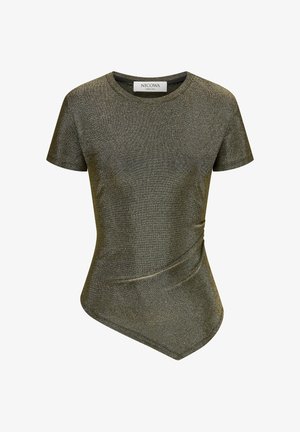 Metallisch olivgrünes T-Shirt mit kurzen Ärmeln, rundem Hals, asymmetrischem Saum, strukturiertem Stoff und dezenten Glanzeffekten.