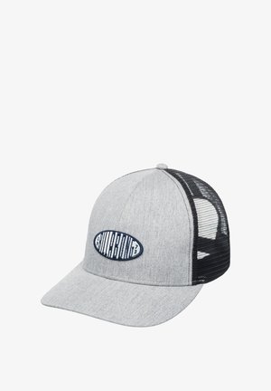 Gray cap with a curved brim, featuring a navy embroidered logo. Side panels are black mesh, offering ventilation. Flat top design.