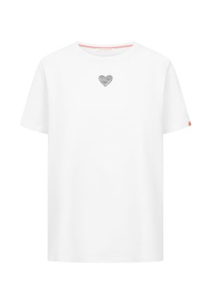 Wit T-shirt met korte mouwen, met een klein grijs hart en het woord "WORLD" op de borst, ronde halslijn en een klein oranje label op de mouw.