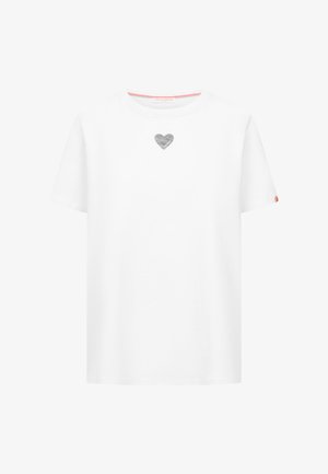 Wit T-shirt met korte mouwen, met een klein grijs hart en het woord "WORLD" op de borst, ronde halslijn en een klein oranje label op de mouw.