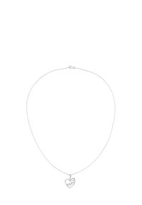 Sudraba ķēdes kaklarota ar sirds formas piekariņu, kurš rotāts ar maziem caurspīdīgiem akmeņiem un mazāku sirds detaļu iekšpusē.
