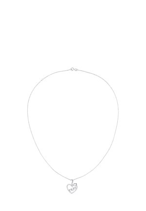 Sidabrinė grandinėlė su širdies formos pakabuku, puoštu mažomis skaidriomis akmenukais ir mažesniu širdelės motyvu viduje.
