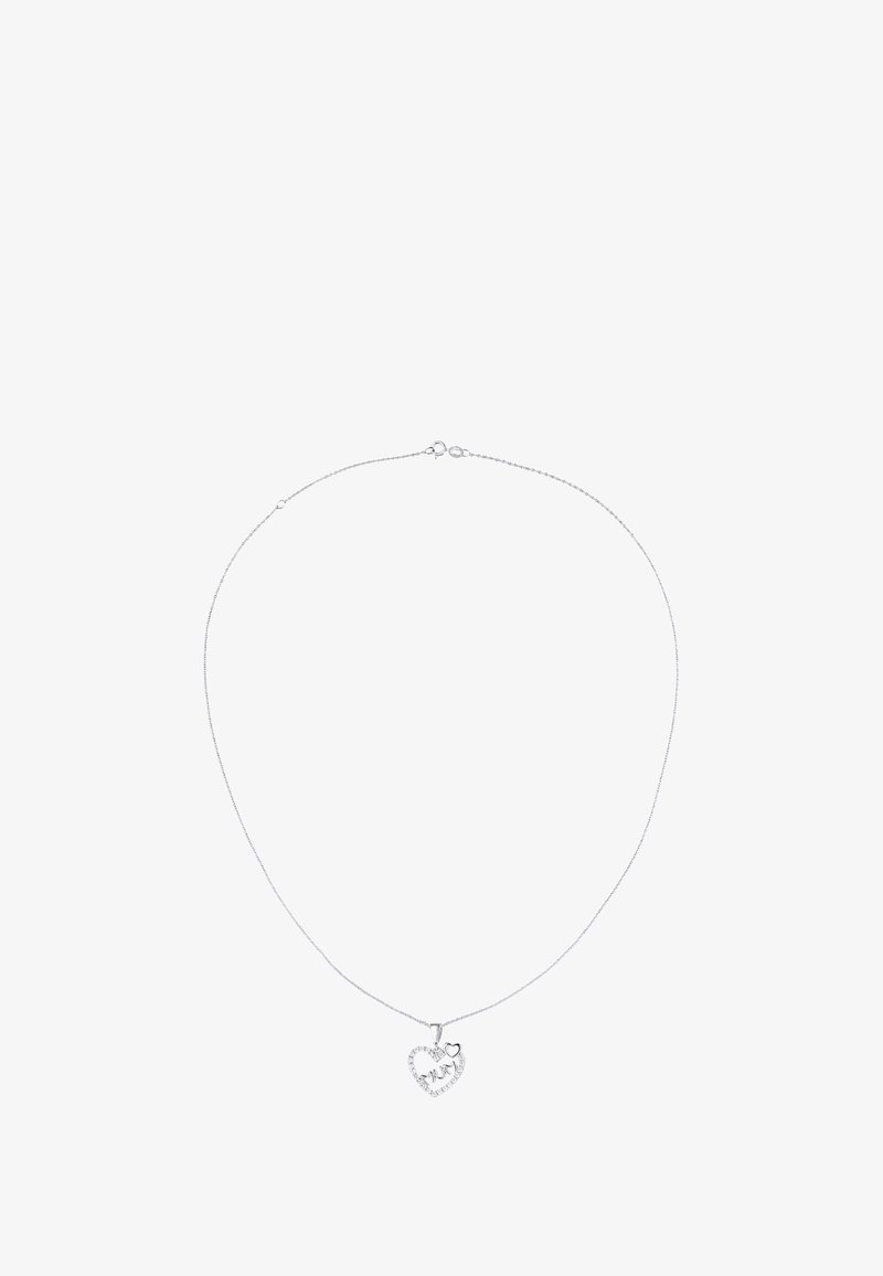 Sudraba ķēdes kaklarota ar sirds formas piekariņu, kurš rotāts ar maziem caurspīdīgiem akmeņiem un mazāku sirds detaļu iekšpusē.