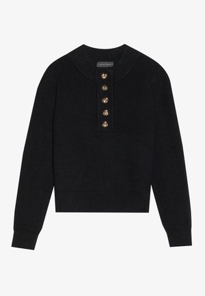 Black ribbed sweater with a rounded collar, five gold rope-patterned buttons, and long sleeves. Cotton blend fabric with a fitted design.