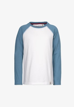 Langærmet T-shirt med en hvid krop og lyseblå raglanærmer. Blødt bomuldsstof med rund halsudskæring. Minimalistisk design.
