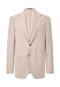 Blazer beige clair avec un col cranté, deux poches à rabat à l'avant, fermeture à deux boutons et une texture de tissu douce.