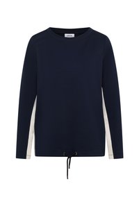 Ciemnoniebieski sweatshirt z długimi rękawami, okrągłym dekoltem i białymi panelami po bokach. Posiada sznurek przy dolnym brzegu.