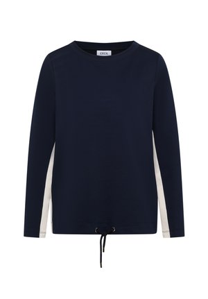 Mørk marineblå sweatshirt med lange ærmer, rund halsudskæring og hvide sidelapper. Inkluderer en snøre detalje i kanten.