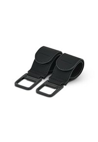 Cinghie in pelle nera con clip in metallo, caratterizzate da una superficie liscia, bordi arrotondati e dettagli cuciti per una maggiore durabilità.