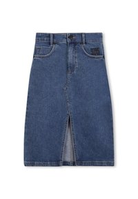 Jupe en denim bleu foncé avec une fente devant, design à cinq poches et fermeture à boutons. Présente des coutures accentuées pour plus de détail.