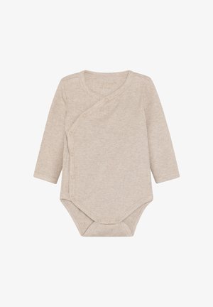 Babyromper met lange mouwen in lichtbeige geribd stof met overslag aan de voorkant en drukknoopsluiting voor gemakkelijk aankleden. Zachte textuur, minimale details.