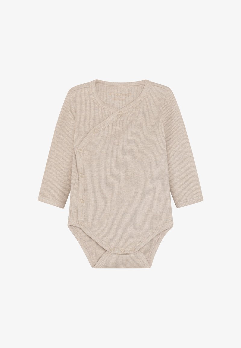 Langärmliger Baby-Body aus hellbeigem Rippstoff mit Wickeloptik und Druckknöpfen für einfaches An- und Ausziehen. Weiche Textur, minimalistische Details.