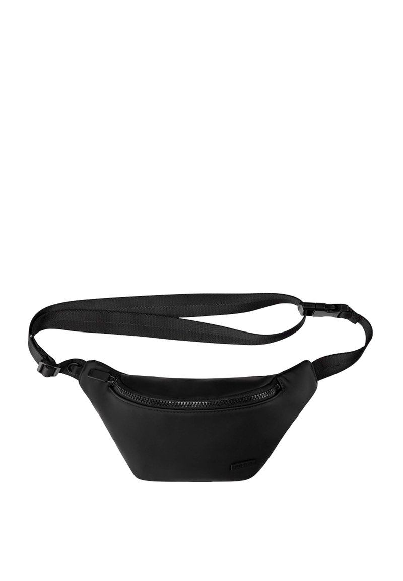 Borseta neagră fabricată dintr-un material rezistent, având un compartiment principal cu fermoar, curea ajustabilă și o formă curbată elegantă.