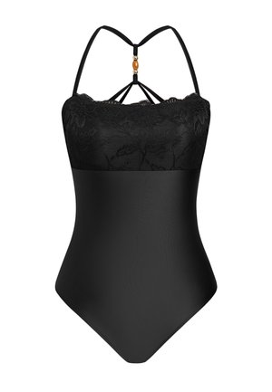 Maillot de bain une pièce noir avec empiècement en dentelle sur le haut, bretelles fines et détail décoratif en perles reliant les bretelles avant.