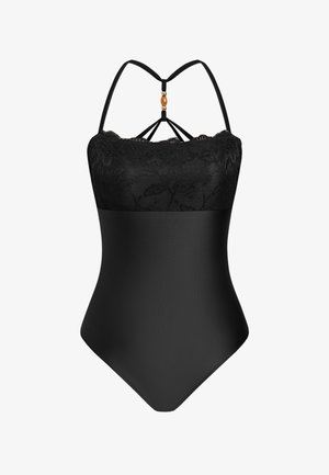Zwarte eendelige badpak met kanten bovenstuk, dunne schouderbandjes en decoratieve kraaldetails die de voorste bandjes verbinden.