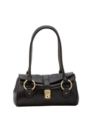 Schwarzlederne Handtasche mit zwei runden Griffen, goldfarbener Hardware, Klappenverschluss und dekorativen Akzenten nahe den Griffen.