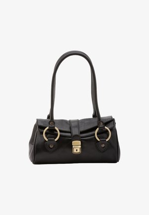 Zwarte leren handtas met twee ronde handvatten, gouden hardware, een klepsluiting en decoratieve accenten nabij de handvatten.