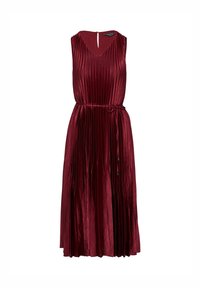 Bordeaux-farbenes, plissiertes Kleid mit ärmellosem Design, V-Ausschnitt, Schlüsselrücken und verstellbarem Taillengürtel, aus einem glänzenden Stoff gefertigt.