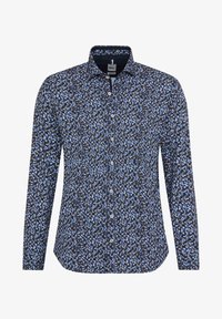 Langarmhemd in Dunkelblau mit abstraktem Blumenmuster in Hellblau und Schwarz; verfügt über einen Hemdkragen und Knopfleiste.