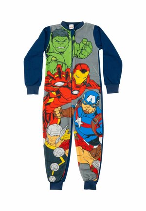 Children's navy blue and gray onesie featuring Hulk, Iron Man, Captain America, and Thor in action poses.