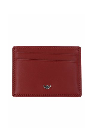 Red leather cardholder with two card slots and a small silver logo at the bottom center on a white background.