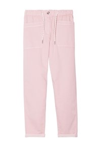 Pantalons en coton rose clair avec une taille élastique, un cordon de serrage et deux poches avant. Chevilles côtelées et texture lisse. Quincaillerie en ton argent.