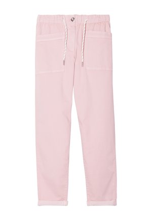 Helle rosa Baumwollhosen mit einem elastischen Bund, Kordelzug und zwei Fronttaschen. Mit Bündchen an den Knöcheln und glatter Textur. Hardware in Silberton.