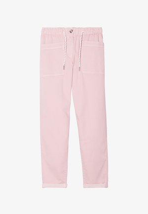 Pantalons en coton rose clair avec une taille élastique, un cordon de serrage et deux poches avant. Chevilles côtelées et texture lisse. Quincaillerie en ton argent.