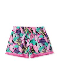 Pantaloni corti multicolore con stampa tropicale di foglie e fiori, realizzati in tessuto leggero, con orlo frangiato rosa e vita regolabile con coulisse.