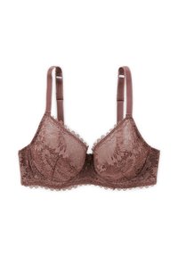 Soutien-gorge en dentelle de couleur mauve avec un motif floral, des bords festonnés et des bretelles réglables. Comprend un petit détail décoratif au centre.