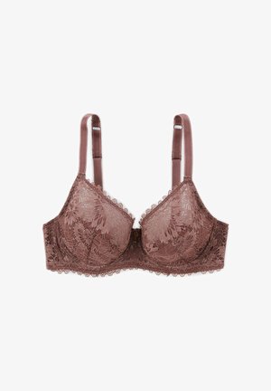 Soutien-gorge en dentelle de couleur mauve avec un motif floral, des bords festonnés et des bretelles réglables. Comprend un petit détail décoratif au centre.