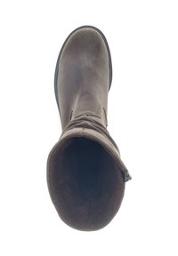 Brown suede ankle boot with a rounded toe and soft fabric lining. Features a slightly slouched collar and a side zipper. Flat rubber sole.