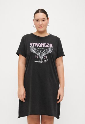 Black T-shirt dress with short sleeves, crew neckline, featuring white and pink eagle graphic and text "STRONGER THAN YESTERDAY" and "Unstoppable."