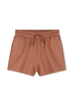 Shorts à cordon marron à motif avec ceinture élastique, conçus pour une tenue décontractée, présentés à plat sur un fond blanc.