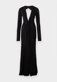 Black evening gown with long sleeves, deep V-neck, keyhole back, tucked waist detail, and a flowing design. Made of a soft, lightweight fabric.