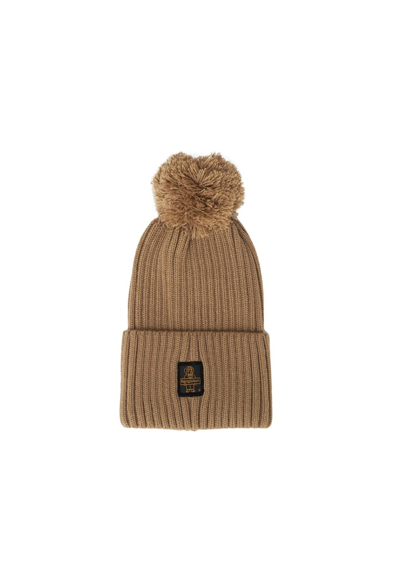 Beige gebreide muts met een geribbelde textuur en een fluffy pompon bovenop. Voorzien van een zwart merklabel op de omgeslagen zoom.