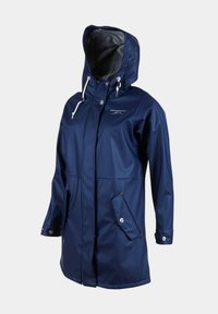 Navy blue waterproof jacket with a hood, featuring snap closures, drawstrings, and two side pockets. Smooth exterior with a soft lining.