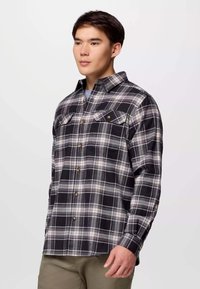 Camicia flanella a quadri nera e grigia da uomo con colletto a camicia, due tasche sul petto e bottoni dorati in contrasto. Tessuto morbido, vestibilità comoda.