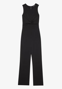 Mono negro con diseño sin mangas, detalle frontal retorcido y corte recto en las piernas. Presenta una cremallera trasera oculta y una textura de tela suave.